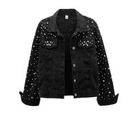 LifeShe Femmes Perles Denim Veste Court Strass Jeans Veste Manteau, noir, XX-Large