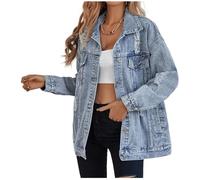 LifeShe Veste en jean longue surdimensionnée pour femme, veste boyfriend déchirée en jean vieilli, bleu ciel, X-Large