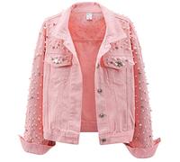 LifeShe Veste en jean pour femme avec perles et strass à coupe courte, rose, M
