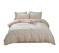 LifeTB Parure de lit en Coton avec Housse de Couette et 2 taies d'oreiller pour lit Simple Motif Floral Rose et Blanc