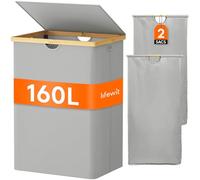 Lifewit 160L Panier a Linge 2 Compartiment en Bambou, Corbeille a Linge Pliable avec Couvercle, Grand Bac a Linge avec Double Sacs Amovibles pour Chambre, Salle de Bain, Buanderie, Gris Argenté