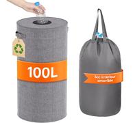 Lifewit Collecteur de Bouteilles Rond avec Couvercle, Poubelle Cuisine Tri Selectif avec Trou, Poubelle Recyclage pour Verre, Récipient de Collecte, 100 L, Gris