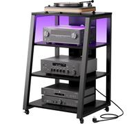 Lifewit Étagères HiFi à 4 niveaux avec roues et étagère réglable, platine vinyle avec multiprises et lumières LED, support multimédia AV pour salon, home cinéma, chambre à coucher (60 x 55 x 90 cm)