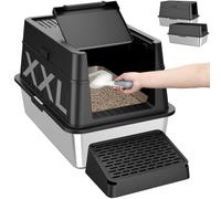 Lifewit Litière en acier inoxydable avec couvercle XXL pour grands chats Sortie d’entrée avant Boîte à litière métal pelle pédale Noir