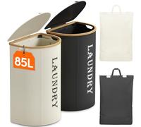 Lifewit Lot de 2 paniers à linge de 170 l avec couvercle, 2 compartiments et 2 sacs à linge amovibles, pliables pour buanderie, chambre à coucher, blanc et noir