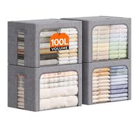 Lifewit Lot de 4 Sacs de Rangement Robuste avec Cadre en Métal, Boîte de Rangement Pliable, Organisateur Placard, Rangement Sous Lit, Boîtes Rangement pour Vêtements, Couvertures, 100L, Gris