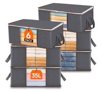 Lifewit Lot de 6 Sac de Rangement Vetement 35L, Boîte de Rangement sous lit Pliable, Housse Rangement Couette Organisateur de Placard, Fenêtre Transparente en Tissu Solide pour Les Vêtements, Gris
