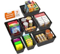 Lifewit Lot de 7 paniers de rangement en plastique, bacs de rangement empilables pour organiser, bacs ouverts multi-tailles pour étagères/cuisine/salle de bain/armoire, 5 Large et 2 Small Size, Noir