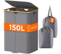 Lifewit Panier a Linge 2 Compartiment 150L avec Couvercle, Corbeille a Linge avec Poignées Bambou et Double Sac à Linge Amovible, Paniere Linge Pliable pour Chambre, Salle de bain, Buanderie, Gris