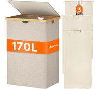 Lifewit Panier a Linge en Bambou, Corbeille a Linge Pliable avec Couvercle, Grand Bac a Linge avec Sacs Amovibles pour Chambre, Salle de Bain, Buanderie, 170 L, Beige