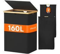 Lifewit Panier a Linge en Bambou, Corbeille a Linge Pliable avec Couvercle, Grand Bac a Linge avec Sacs Amovibles pour Chambre, Salle de Bain, Buanderie, 160 L, Noir