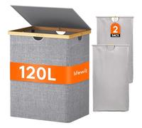 Lifewit Panier a Linge en Bambou, Corbeille a Linge Pliable avec Couvercle, Grand Bac a Linge avec Sacs Amovibles pour Chambre, Salle de Bain, Buanderie, 120 L, Gris Clair