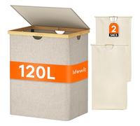 Lifewit Panier a Linge en Bambou, Corbeille a Linge Pliable avec Couvercle, Grand Bac a Linge avec Sacs Amovibles pour Chambre, Salle de Bain, Buanderie, 120 L, Beige