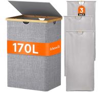 Lifewit Panier a Linge en Bambou, Corbeille a Linge Pliable avec Couvercle, Grand Bac a Linge avec Sacs Amovibles pour Chambre, Salle de Bain, Buanderie, 170 L, Gris Clair