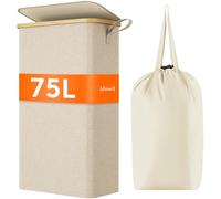 Lifewit Panier à Linge Extra Plat 75L, Paniere a Linge Sale avec Couvercle, Corbeille a Linge Bambou avec Sac Amovible et Poignée, Bac Linge Etroit pour Chambre, Salle de Bain, Buanderie, Beige