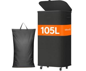 Lifewit Panier a Linge Sale avec Couvercle et Roulettes, Corbeille Linge Pliable avec Sac Amovible, Bac Linge, Laundry Basket pour Chambre, Salle de Bain, Buanderie, 105L, Noir