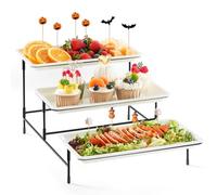 Lifewit Plateau de Service avec 3 Plats, Plateau Repas, Grand Plastique Rectangulaire 30×17cm, Presentoir Aperitif Buffet, Présentoir à Gâteaux, Panier Fruits, Support en Métal Noir