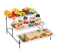 Lifewit Plateau de Service avec 3 Plats, Plateau Repas, Grand Plastique Rectangulaire 36×17cm, Presentoir Aperitif Buffet, Présentoir à Gâteaux, Panier Fruits, Support en Métal Noir