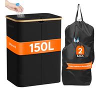 Lifewit Poubelle Recyclage Transportable, Collecteur de Bouteilles Verre, Plastique, Grand Poubelle en Bambou pour Tris Selectif, 150L, Noir