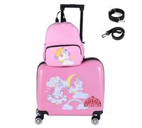 LIFEZEAL 18" Valise Cabine Enfant à roulettes avec 12" Sac à Dos, Valise à Enfourcher pour Enfant avec Corde pour Tirer, Valise de Voyage Portable avec Motifs Animaux Mignons pour Voyage (Rose)