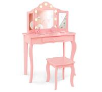 LIFEZEAL 2 en 1 Coiffeuse Bureau Enfant avec Tabouret & Tiroir, Table de Maquillage avec Miroir Triplé & 9 Lumières LED à 3 Modes, Charge de 30/50 kg, Anti-Bascule pour Petite Fille 3+ Ans (Rose)