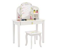 LIFEZEAL 2 en 1 Coiffeuse Enfant Fille avec Miroir Amovible et Tabouret Carré, Table de Maquillage Bois avec Tiroir pour Enfants 3-7 ans, Charge de 30/50kg, Design Mignon, Blanche (Ananas)