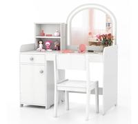 LIFEZEAL 2 en 1 Coiffeuse et Bureau pour Enfants avec Chaise, Table de Maquillage Fille avec Miroir LED & Casier, Coiffeuse en Bois avec Tiroir & Étagère, 3+ Ans, Charge de 50kg (Blanc)