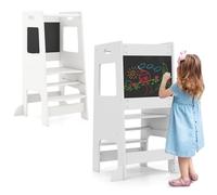 LIFEZEAL 2-en-1 Tour d’Observation Enfant avec Tableau Noir Double Face, Tour Apprentissage en Bois avec Hauteur Réglable, Marche Pied pour Cuisine, Salle de Bain, 1+ Ans, Charge 60 kg (Blanc)
