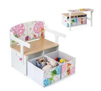 LIFEZEAL 3 en 1 Banc de Rangement avec 2 Tiroirs, Coffre à Jouets en Bois, Ensemble Table avec Tabouret pour Enfants 3-7 Ans, Siège avec Charge de 60 kg, Plateau avec Charge de 10 kg (Blanc)