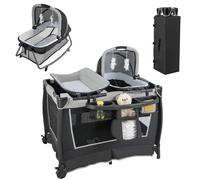 LIFEZEAL 4 en 1 Lit Parapluie Bébé avec Matelas à 2 Niveaux, 0-36 Mois, Lit Bébé Pliable en Tissu Oxford, Charge de 15 KG, Berceau Bébé avec Table à Langer, 2 Roues avec Freins (Gris 2)