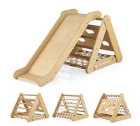 LIFEZEAL 4 en 1 Triangle d’Escalade avec Toboggan Bois, Filet à Grimper, Planche et Échelle, Cadre d’Escalade Triangulaire Intérieur, Charge de 50 kg, Enfants 1 +Ans (Naturel)