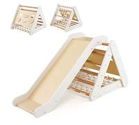 LIFEZEAL 4 en 1 Triangle d’Escalade avec Toboggan Bois, Filet à Grimper, Planche et Échelle, Cadre d’Escalade Triangulaire l’Intérieur, Charge de 50 kg, Enfants 1 +Ans (Beige)