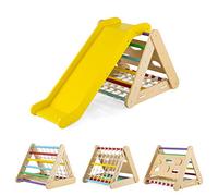 LIFEZEAL 4 en 1 Triangle d’Escalade avec Toboggan Bois, Filet à Grimper, Planche et Échelle, Cadre d’Escalade Triangulaire Intérieur, Charge de 50 kg, Enfants 1 +Ans (Multicoloré)