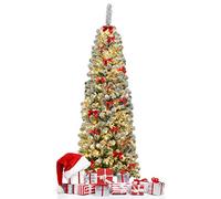LIFEZEAL Arbre de Noël Artificiel 180 cm, Sapin Fin Recouvert de Neige avec 250 LED, 500 Branches, Arbre Artificiel avec Socle Métallique Pliable