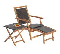 LIFEZEAL Bain de Soleil Pliable Bois Acacia avec Table Basse, Chaise Longue Jardin Extérieur Rotin avec Accoudoirs, Transat avec Repose-Pied Extensible, pour Terrasse, Balcon, Charge 160 kg