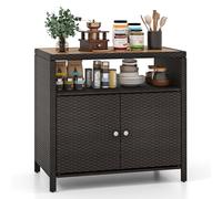 LIFEZEAL Buffet à 4 Niveaux en Rotin PE, Armoire avec Plan de Travail en Bois d'acacia, Meuble Rangement Extérieur Intérieur avec 2 Portes, 90x53x86 cm, Jardin, Terrasse, Patio, Cuisine (Brun)