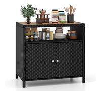 LIFEZEAL Buffet à 4 Niveaux en Rotin PE, Armoire avec Plan de Travail en Bois d'acacia, Meuble Rangement Extérieur Intérieur avec 2 Portes, 90x53x86 cm, Jardin, Terrasse, Patio, Cuisine (Noir)