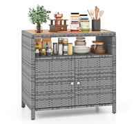 LIFEZEAL Buffet à 4 Niveaux en Rotin PE, Armoire avec Plan de Travail en Bois d'acacia, Meuble Rangement Extérieur Intérieur avec 2 Portes, 90x53x86 cm, Jardin, Terrasse, Patio, Cuisine (Gris)