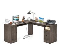 LIFEZEAL Bureau Angle en L avec Rangement, Station de Charge, Plateau à Clavier, Bureau Ordinateur avec 2 Tiroirs, Casier, Compartiment, Trou de Câble (Pessimiste)