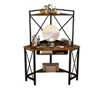 LIFEZEAL Bureau Triangulaire, Bureau d'Ordinateur avec Étagères et Plateau pour Clavier, Bureau d’Angle avec Prise et Port de Chargement USB pour Bureau et Étude (Marron)