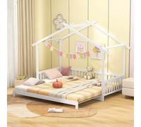 LIFEZEAL Cabane Enfant 90x200 cm avec Barre de Sécurité & Plafond Décoratif, Lit Gigogne 180x200 cm en Bois, Cadre Simple Adulte, Invité Double Blanc, Charge 150 kg
