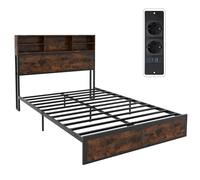 LIFEZEAL Cadre de Lit Double 140x200 cm, Tête de Lit en Bois avec Rangement & Station de Prise, Sommier avec Lattes en Métal, Charge 500 kg, Style Industriel