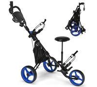 LIFEZEAL Chariot de Golf Pliable à 3 Roues, Voiturette Golf avec Tableau de Bord & Porte-Parapluie, Sac de Rangement & Frein, Siège Hauteur Réglable 58-65 cm, Charge de 100 kg (Bleu)