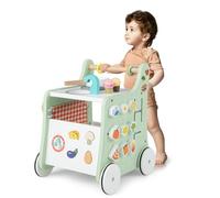 LIFEZEAL Chariot de Marche Bebe Bois avec 4 Roues, Trotteur Evolutif Bébé Thème de Cuisine avec Espace de Rangement, Blocs de Construction, Multi-activité pour s'amuser, Baby Walker 1+ ans (Vert)
