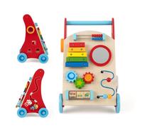 LIFEZEAL Chariot de Marche Bebe en Bois avec 4 Roues, Trotteur Evolutif Bébé avec Espace de Rangement, Blocs de Construction et Miroir, Multi-activité pour s'amuser, Baby Walker 1+ ans (E)