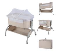 LIFEZEAL Cododo Bébé Réglable en 7 Hauteurs, Lit Bébé Evolutif Pliable ave Sac de Rangement, Berceau en Tissu Oxford avec Matelas et Roues Universelles, Charge de 9 KG, 95x65x73,5-85,5 CM (Beige)