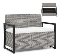LIFEZEAL Coffre 2 places de jardin en rotin PE, rangement extérieur 150 l, accoudoirs, coussin rembourré, dossier incliné, résistant aux intempéries, 117 x 62 x 85 cm, gris