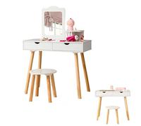 LIFEZEAL Coiffeuse Enfant 2 en 1 avec Miroir Amovible et Tabouret, Table de Maquillage Bois avec 2 Tiroirs et Étagère, Chambre d’Enfant, Fille 3-7 Ans, Charge 40kg/20kg (Blanc)
