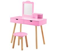 LIFEZEAL Coiffeuse Enfant 2 en 1 avec Miroir Amovible et Tabouret, Table de Maquillage Bois avec 2 Tiroirs et Étagère, Chambre d’Enfant, Fille 3-7 Ans, Charge 40kg, 20kg (Rose)