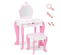 LIFEZEAL Coiffeuse Enfant avec Tabouret et Miroir pour Fille 3-7 Ans, Table de Maquillage avec Tiroir de Rangement, Charge de 30/50 kg, Rose et Blanche